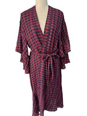 Zara New Woman Checked Kimono With Ruffled Sleeves Red/Navy Size M/L